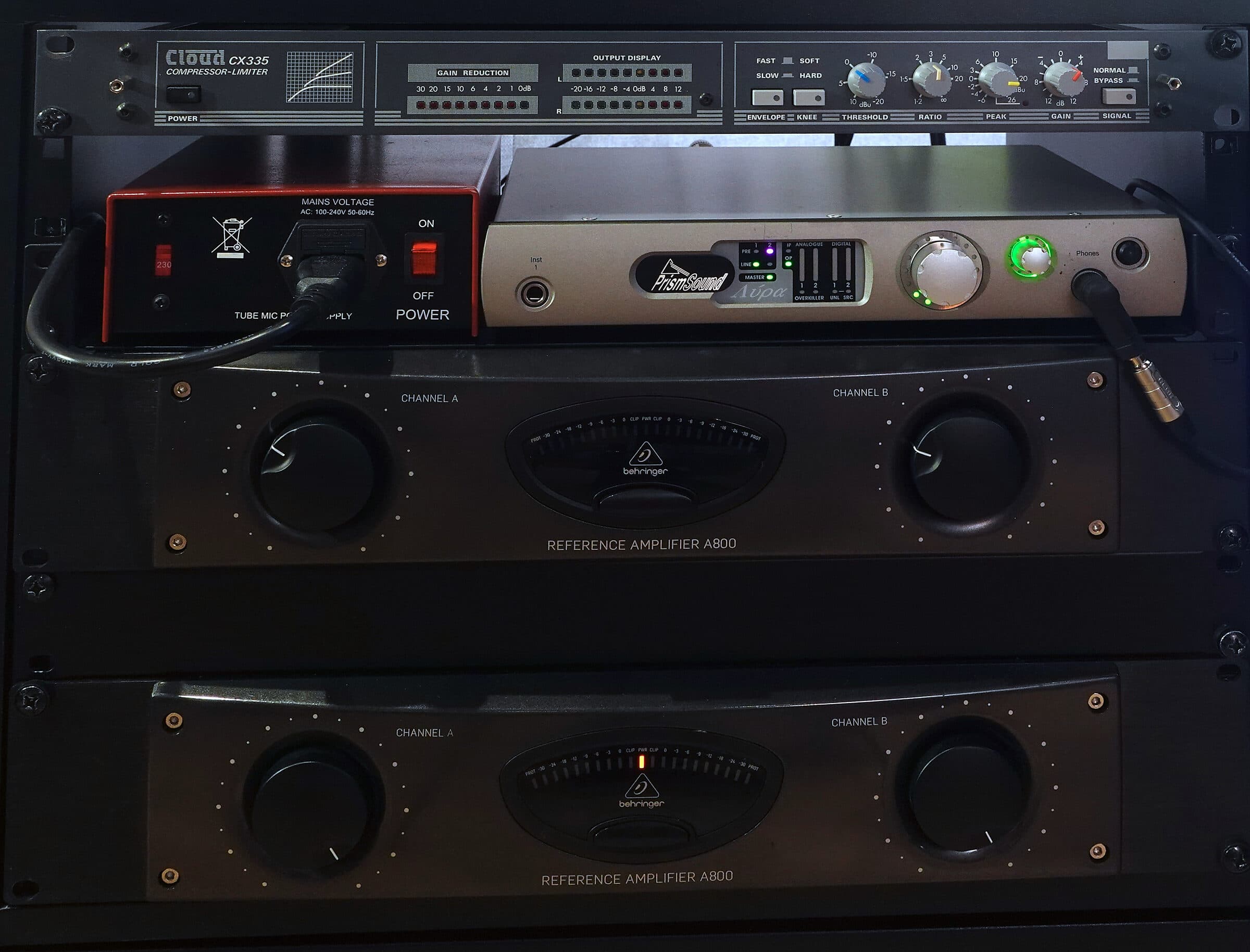 The studio rack: compressor-limiter, Prism Sound conversion and reference amplifiers